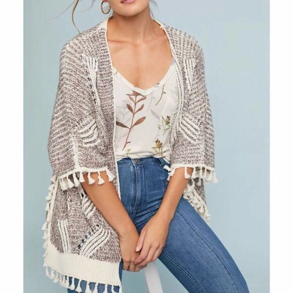 Roffe Pommed Hem Knit Kimono Wrap Cardigan Sweater Cream Grey Women One Size - Picture 6 of 7